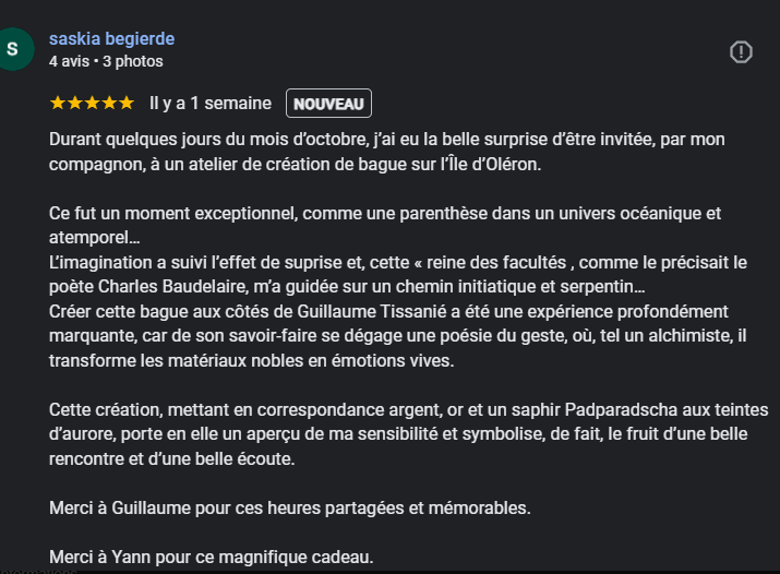 Témoignage cliente Fusyom – création partagée d’une bague argent et or avec saphir Padparadscha, joaillier Guillaume Tissanié sur l’île d’Oléron