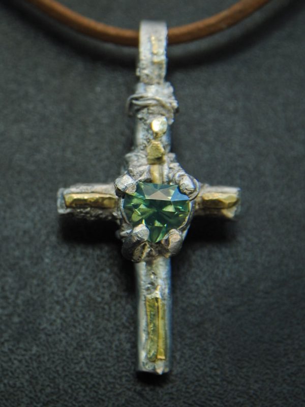 croix argent 925 zircon vert incrustation or bijou artisanal fusyom
