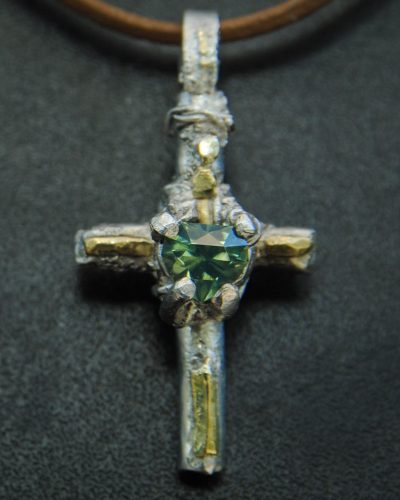 croix argent 925 zircon vert incrustation or bijou artisanal fusyom